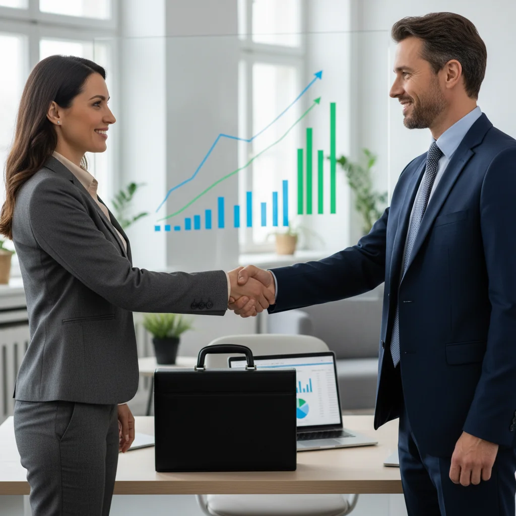 A professional businessperson in a modern office setting, shaking hands with a banker across a desk, symbolizing agreement and commitment in a business loan, with subtle elements like a briefcase and financial charts in the background to evoke trust and partnership.