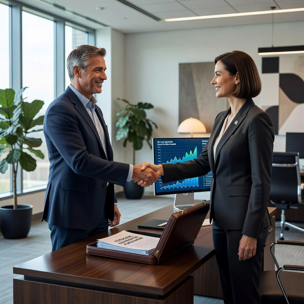 A photorealistic image depicting a confident adult professional shaking hands with a banker in a modern bank office, symbolizing trust and financial agreement in personal loan guarantees, with elements like a subtle briefcase and financial charts in the background to represent banking and personal endorsement benefits.