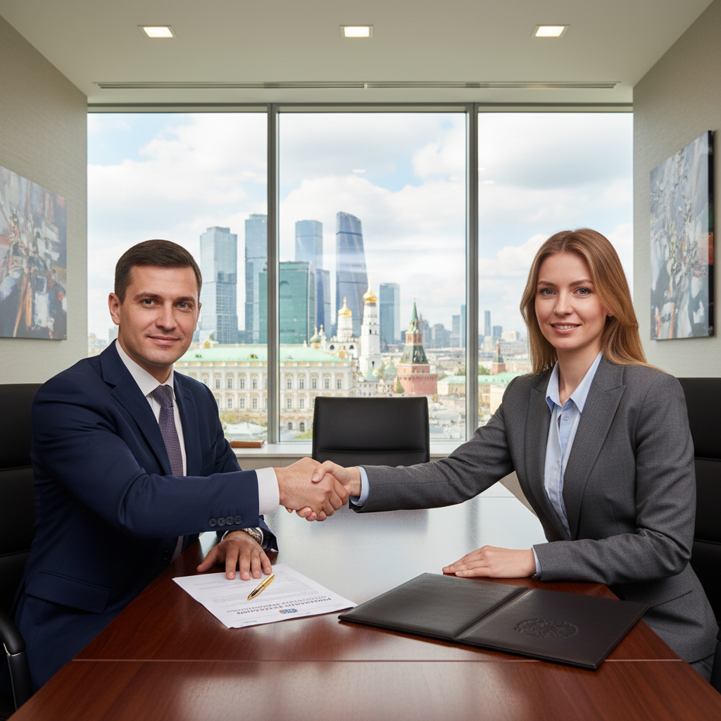 A professional adult in a modern office setting in Russia, shaking hands with a banker across a desk, symbolizing trust and agreement in a financial guarantee, with subtle Russian elements like a flag or city skyline in the background. No children or legal documents visible.