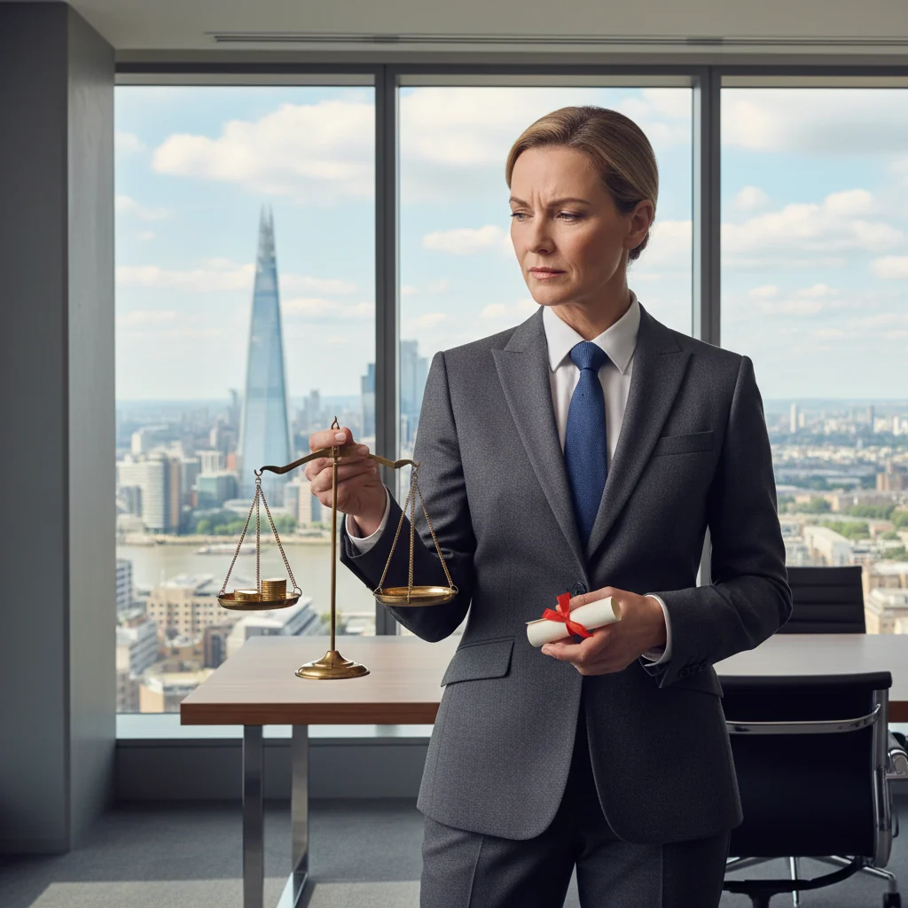 A photorealistic image of a professional adult businessperson in a modern UK office setting, thoughtfully weighing options with a balanced scale metaphorically representing pros and cons, symbolizing the decision to provide a personal guarantee for a business loan, no children or legal documents visible.