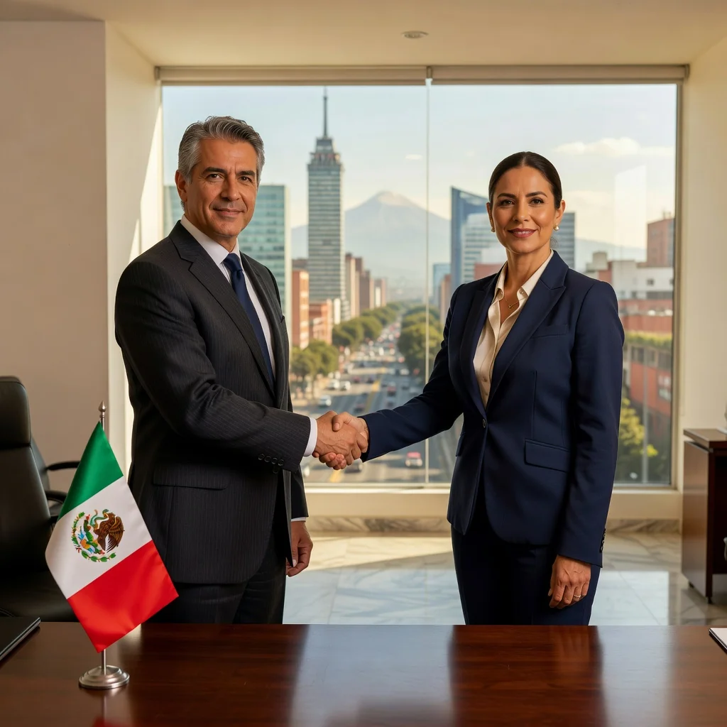 A photorealistic image depicting two adult professionals in a modern Mexican bank office, shaking hands over a financial transaction table, symbolizing trust and personal guarantee in Mexican financial dealings, with subtle Mexican cultural elements like a flag or map in the background, no children or documents visible.
