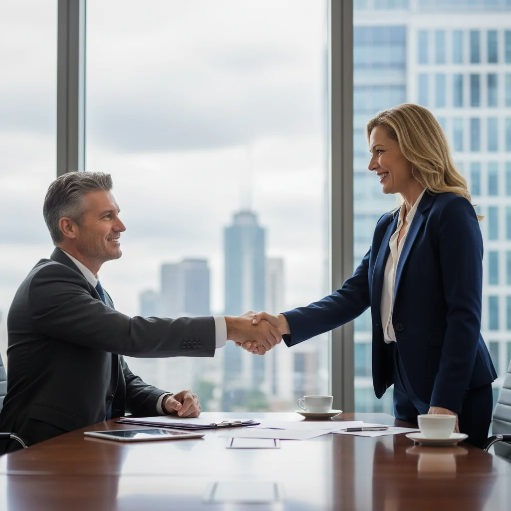 A photorealistic image of two professional adults shaking hands in a modern office setting, symbolizing trust, agreement, and personal guarantee in a business context, with a city skyline visible through the window in the background.