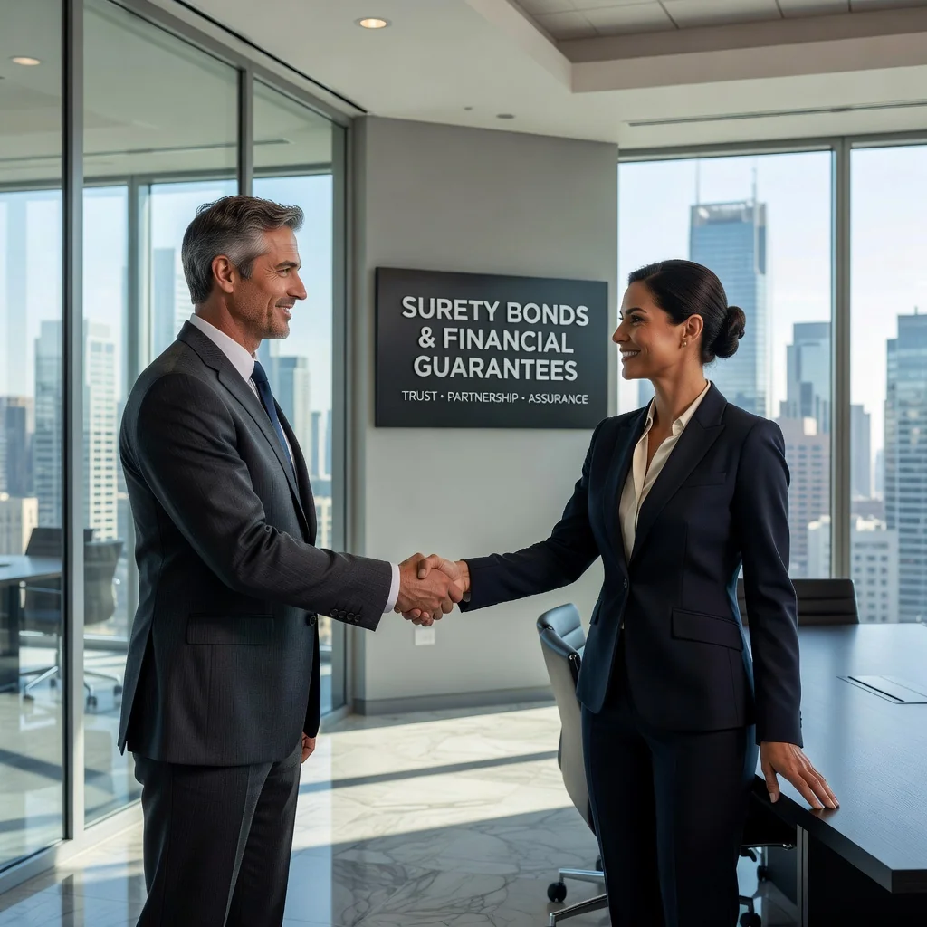A photorealistic image representing trust and financial security in business agreements, such as a professional handshake between two adults in a modern office setting, symbolizing the purpose of surety bonds without showing any legal documents.