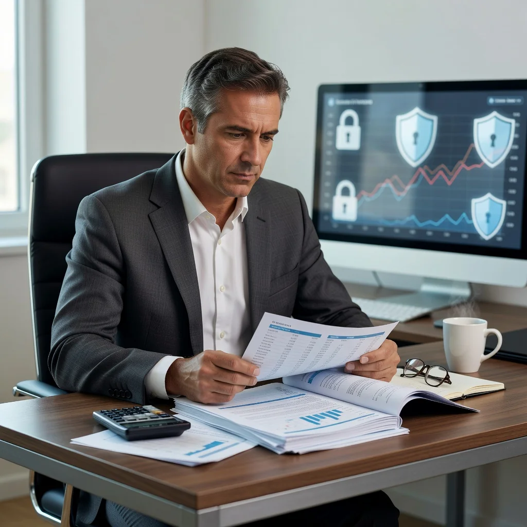 A photorealistic image of a professional adult in a business setting, carefully reviewing financial documents with a cautious expression, symbolizing risk assessment and prevention in personal guarantees, no children present.