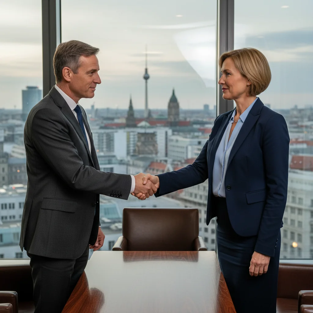 A photorealistic image of two adults shaking hands in a professional office setting in Germany, symbolizing trust and guarantee in a Bürgschaft agreement, with a subtle German flag or landmark in the background, conveying security and partnership without showing any legal documents.