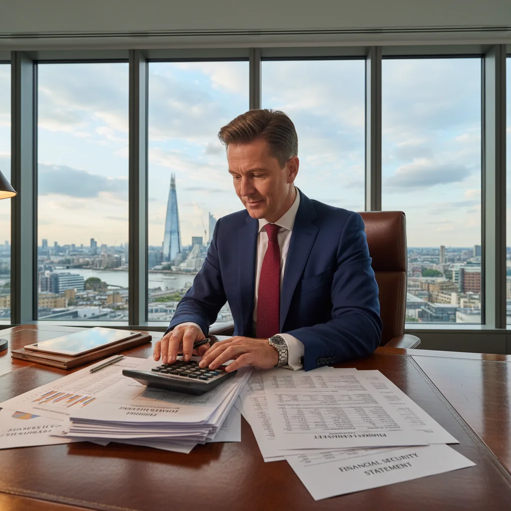 A photorealistic image of a professional businessperson in a modern office setting in the United Kingdom, looking thoughtful while reviewing financial documents on a desk, symbolizing the responsibility and assurance involved in a personal guarantee for business loans or agreements, with no children present and no focus on the actual legal document itself.