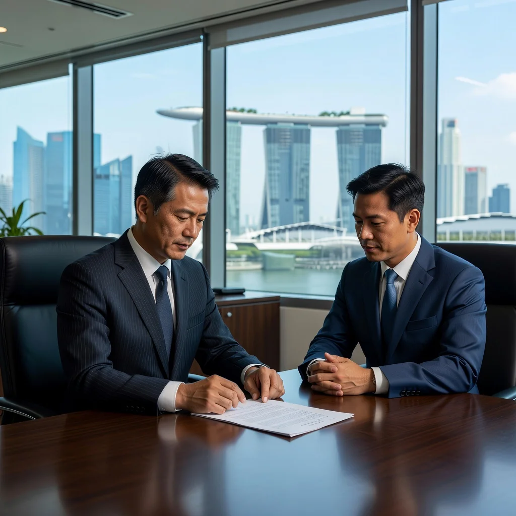 A photorealistic image representing the concept of personal guarantees in business in Singapore, showing a confident adult professional in a modern office setting, reviewing financial agreements with a partner, overlooking the Singapore skyline, symbolizing trust and commitment in business dealings.