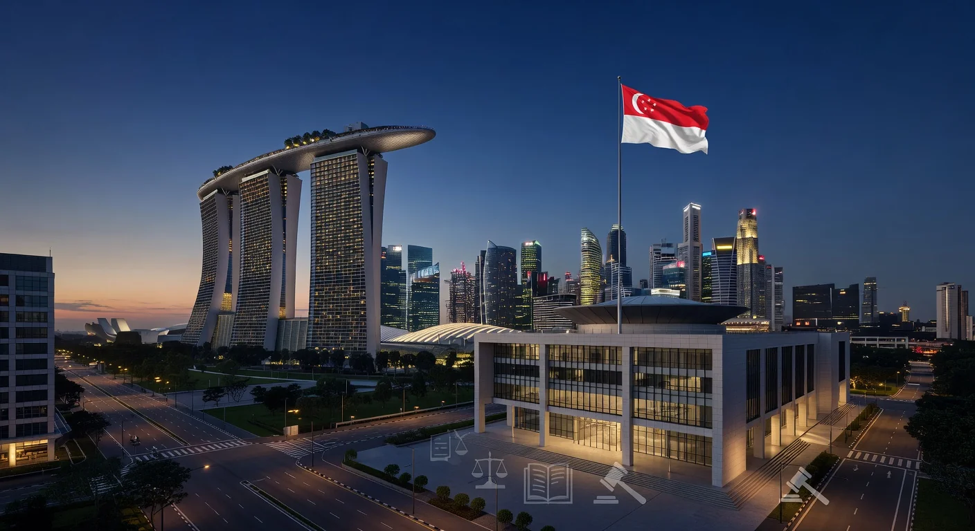 Singapore skyline with legal courthouse