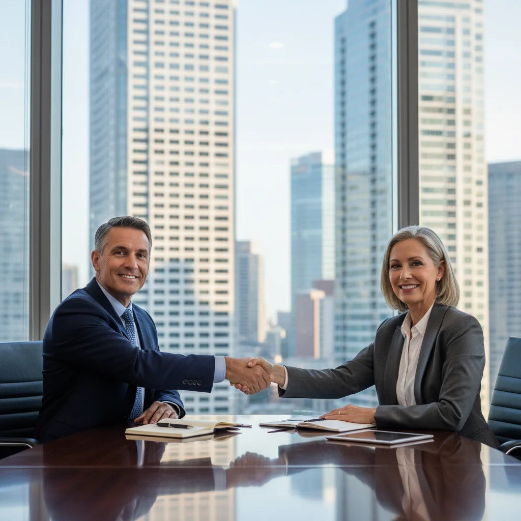 A professional business meeting in a modern office where adults are discussing financial agreements, symbolizing trust and personal commitment in business dealings, with no children present.