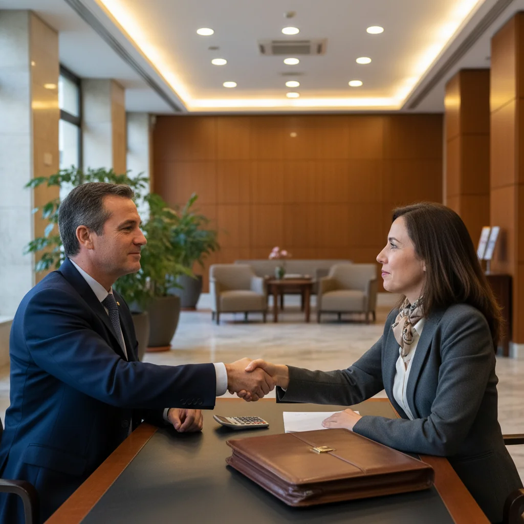 A photorealistic hero image for an article titled 'A guide to Aval personal legal documents in Spain', depicting the purpose of aval as a personal guarantee in financial transactions, such as a professional adult standing confidently in a modern Spanish bank office, shaking hands with a banker over a desk with subtle financial elements like a briefcase and calculator, evoking security and trust in legal assurances, no documents visible, no children present.