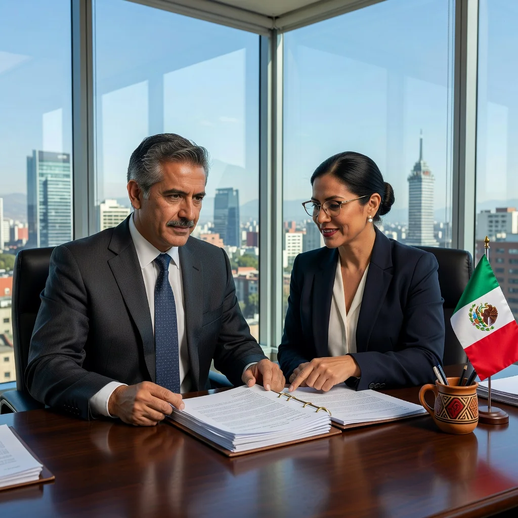 A photorealistic hero image for the article 'A Guide to Aval Personal Legal Documents in Mexico', depicting a professional adult Mexican citizen in a modern office setting in Mexico City, reviewing personal legal paperwork with a lawyer, symbolizing security and preparation for personal guarantees in legal matters. The scene conveys trust and professionalism, with elements like a Mexican flag in the background and city skyline visible through a window. No children are present in the image.