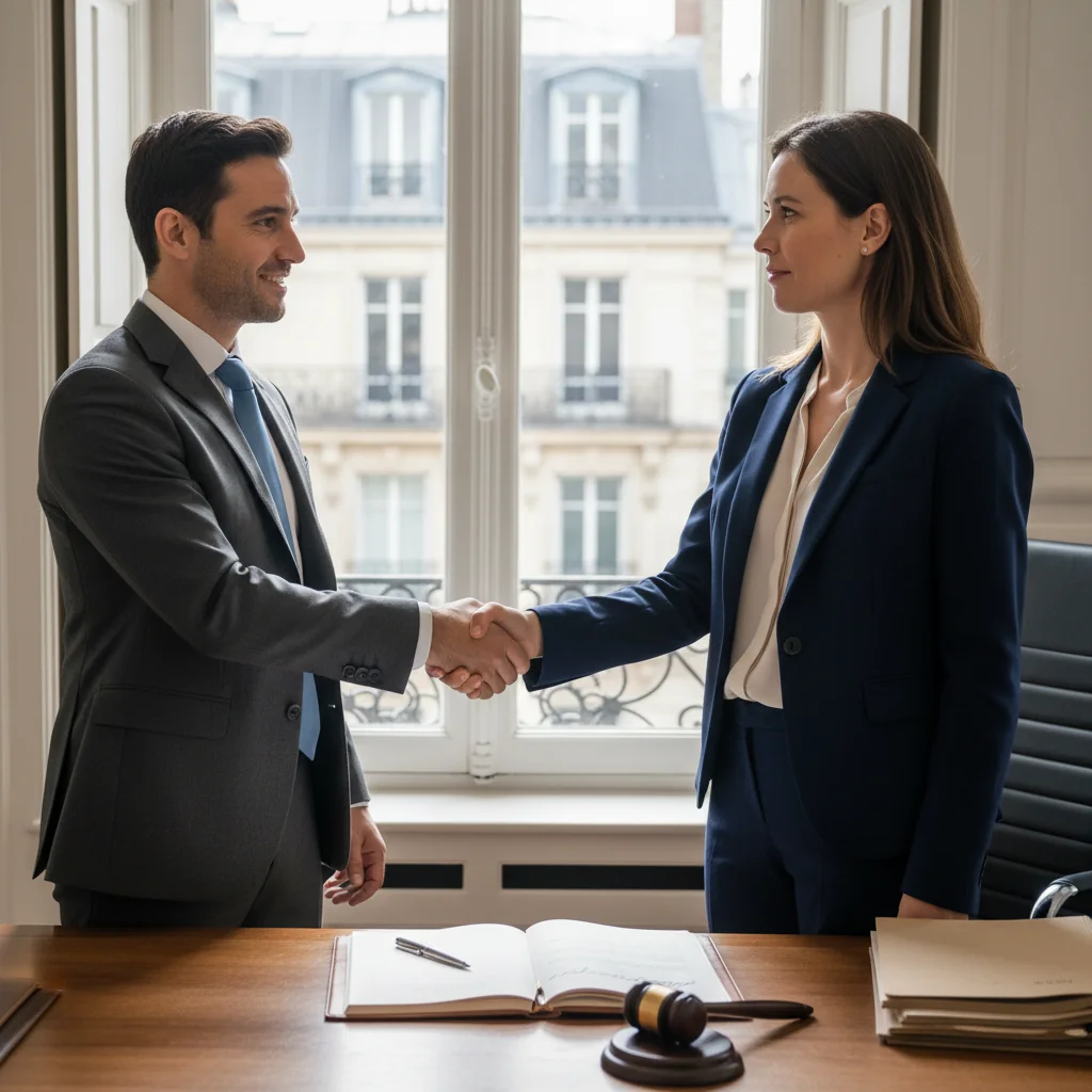 A photorealistic image of a professional adult shaking hands with a business partner in a modern French office, symbolizing trust and personal commitment in legal agreements, with subtle French elements like a window view of the Eiffel Tower in the background. No children are present.