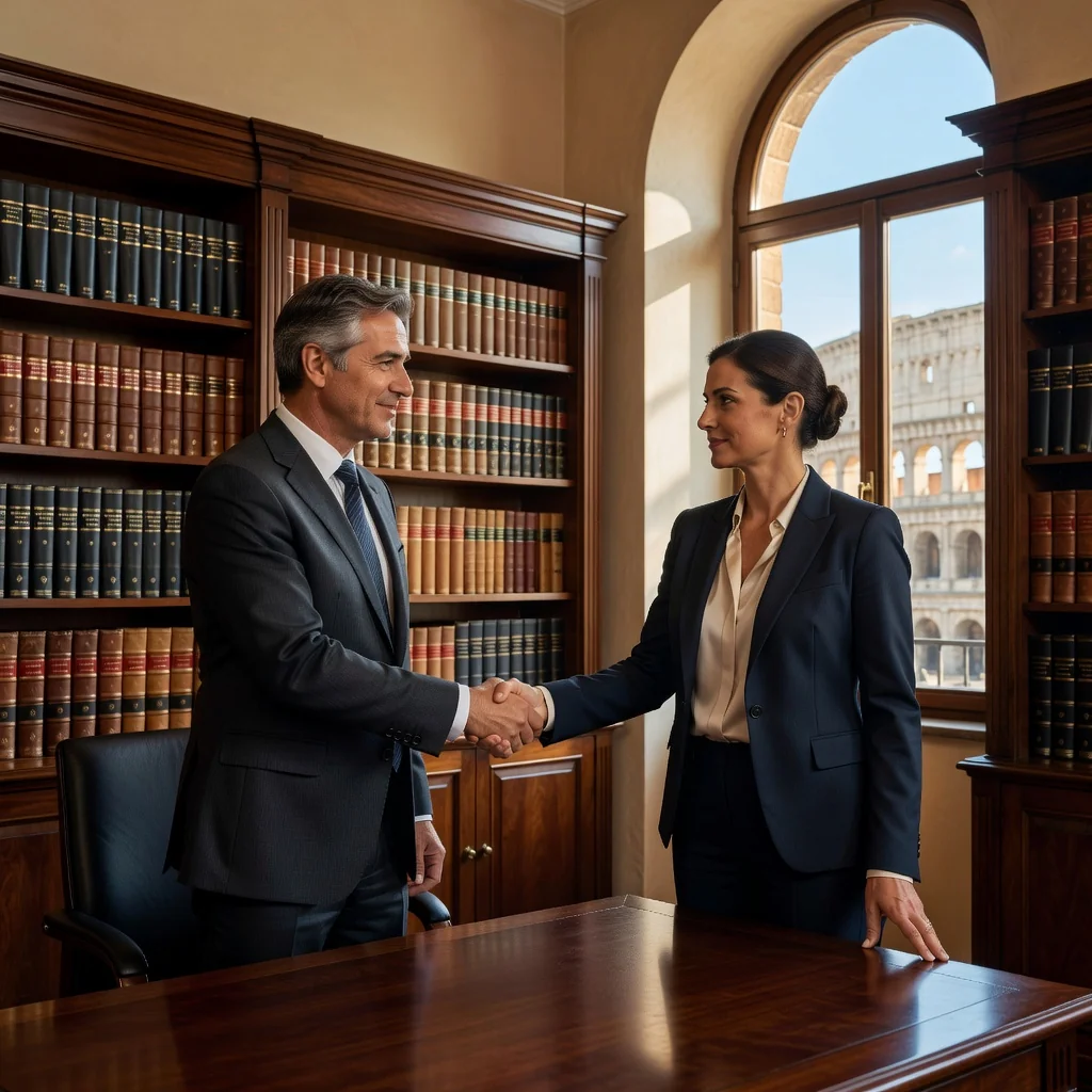 A professional scene representing trust and guarantee in Italian legal contexts, featuring two adults shaking hands in a modern Italian office with subtle Italian landmarks in the background, symbolizing fideiussione agreements.