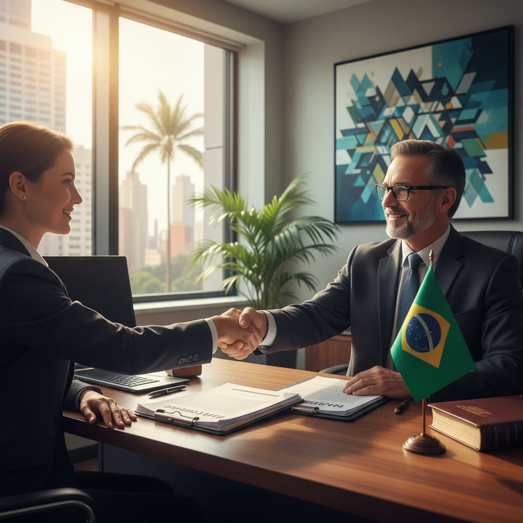 A photorealistic image of a professional adult Brazilian couple shaking hands with a lawyer in a modern law office in Brazil, symbolizing the agreement and trust involved in fiança legal documents, with Brazilian flag elements in the background, no children present.