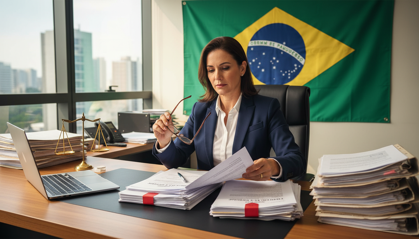 Brazilian lawyer reviewing legal papers