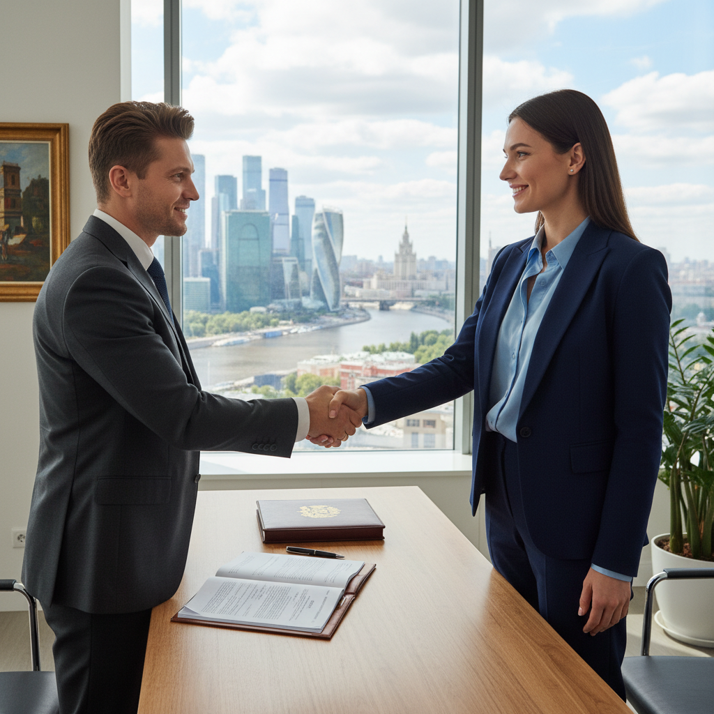A professional adult in a business suit shaking hands with another professional across a desk in a modern office setting in Russia, symbolizing trust and personal guarantee in legal agreements, photorealistic style.