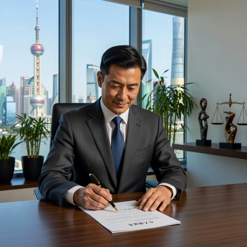 A photorealistic image depicting a professional adult Chinese businessperson in a modern office setting, signing a personal guarantee agreement with a serious and confident expression, symbolizing trust and commitment in business dealings in China. The scene includes elements like a desk, contract papers (without visible text), and subtle Chinese cultural motifs in the background, conveying reliability and legal assurance without focusing on the document itself.