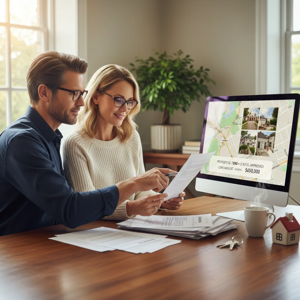 A photorealistic image of a middle-aged adult couple in a modern home office, reviewing mortgage documents on a desk with a laptop, surrounded by subtle homeownership symbols like house keys and a property blueprint, conveying preparation and filing for a mortgage deed, no children present.