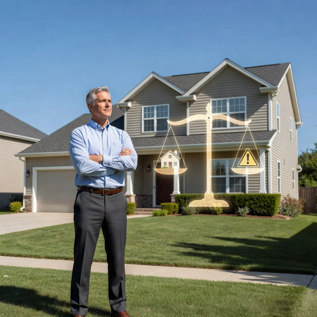 A photorealistic image symbolizing the advantages and risks of a mortgage deed for property owners, featuring an adult homeowner standing confidently in front of a modern house with a subtle overlay of balanced scales representing pros and cons, evoking security and caution in real estate decisions.
