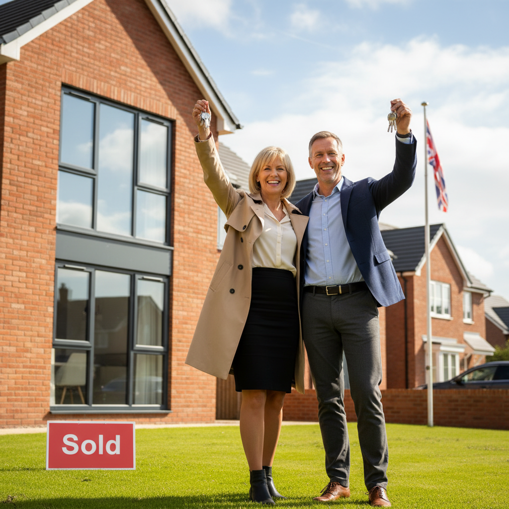 A photorealistic image of a middle-aged couple standing outside a modern UK home, smiling and holding house keys, symbolizing homeownership and the security provided by a mortgage deed. The scene includes a 'Sold' sign on the lawn, with a subtle British flag in the background to evoke the UK context. No children are present. The image is bright and welcoming, emphasizing achievement and stability.