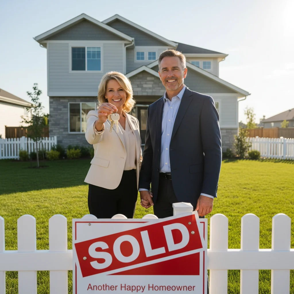 A photorealistic image of a middle-aged couple standing proudly in front of their newly purchased suburban home, holding keys to the front door, symbolizing homeownership and the security provided by a mortgage deed. The scene is set on a sunny day with a well-maintained lawn and a 'Sold' sign in the yard, evoking stability and legal protection in real estate transactions. No children are present in the image.
