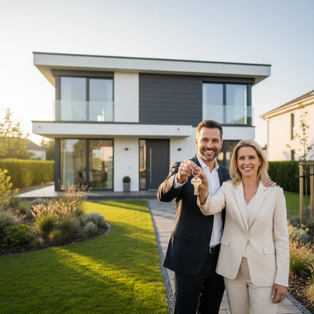 A photorealistic image of a modern German home with a family of adults standing in front of it, symbolizing property ownership and financial security through a mortgage. The scene evokes stability and achievement in home buying, with subtle architectural elements typical of German suburban housing.
