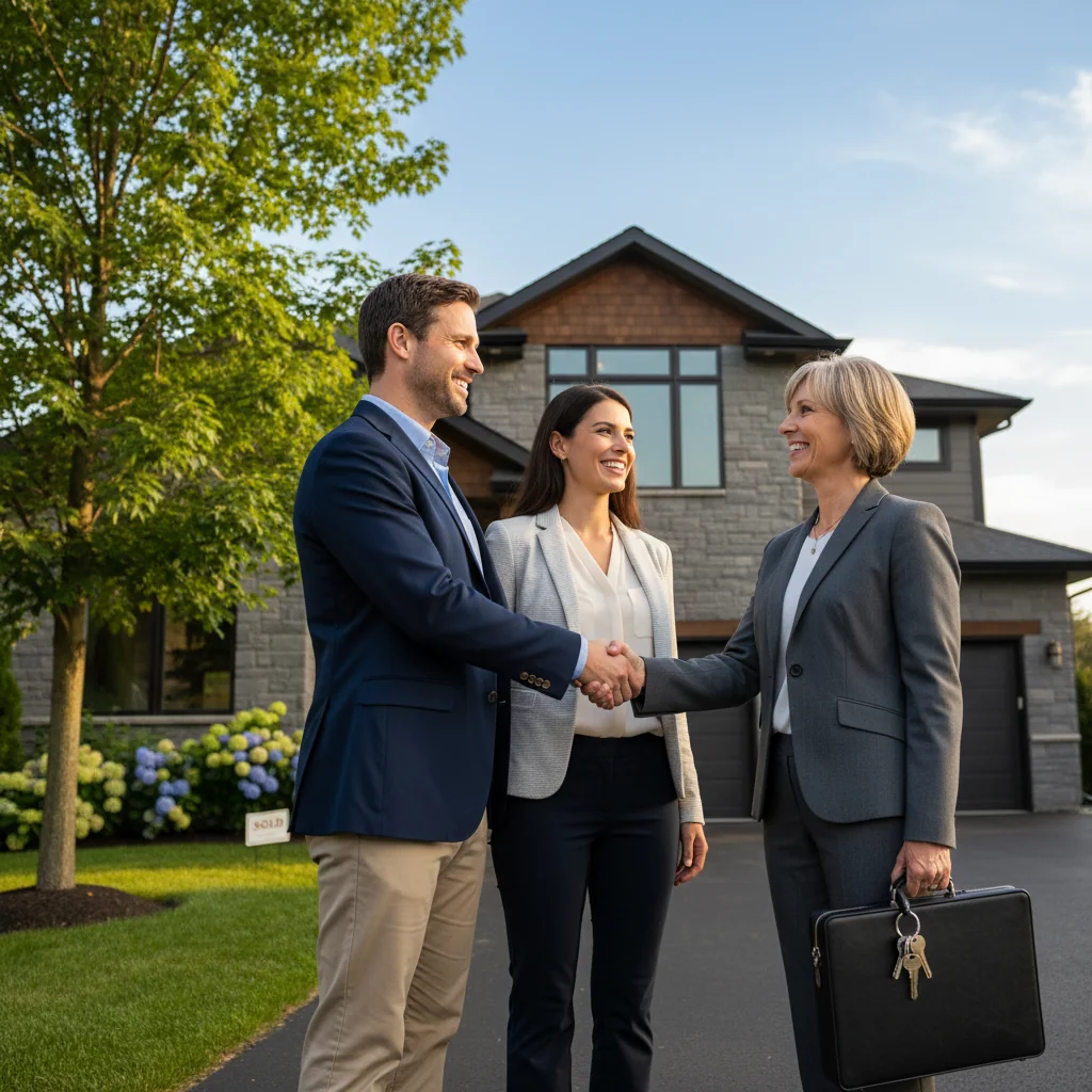 A photorealistic image of a professional couple in their 30s standing outside a modern suburban home, shaking hands with a real estate agent holding a set of house keys, symbolizing the successful completion of a home mortgage process, with the house in the background under a clear blue sky.