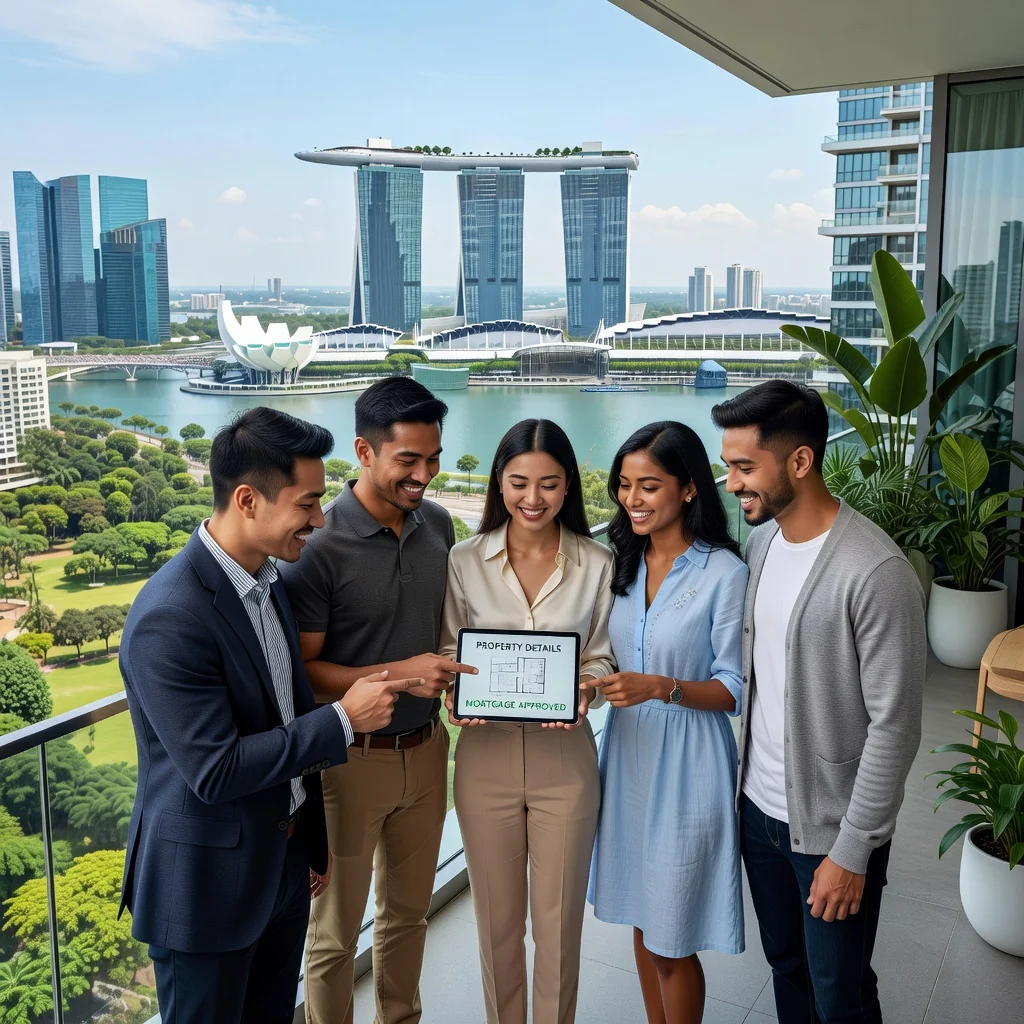 A photorealistic image of a diverse group of young adults in modern Singapore, standing outside a sleek high-rise condominium with the city skyline in the background, symbolizing home ownership and financial security through mortgage deeds. They appear happy and professional, discussing property plans on a sunny day, evoking trust and achievement in real estate.