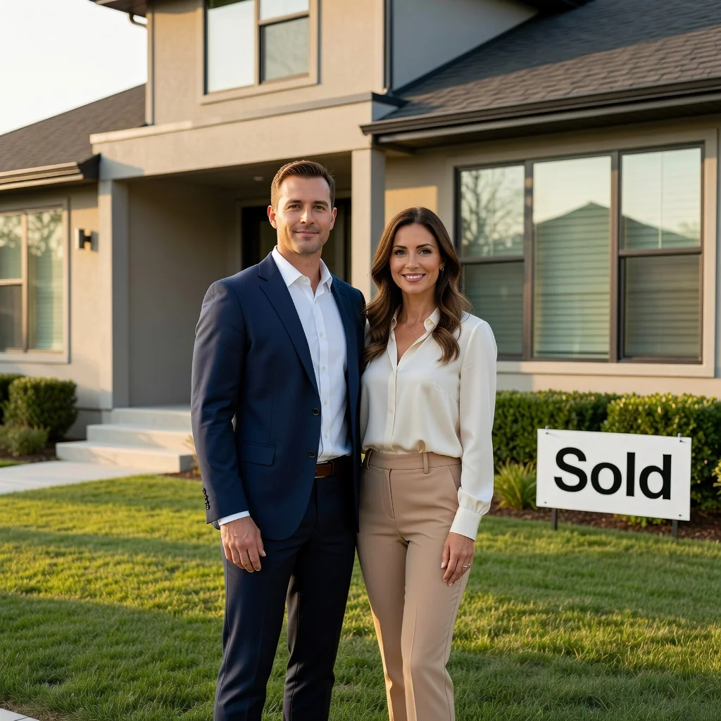 A photorealistic hero image for an article on common questions and risk prevention for mortgage contracts, depicting a professional adult couple in their 30s standing confidently in front of a modern suburban home they own, with subtle elements like a 'Sold' sign in the yard symbolizing secure property ownership, conveying themes of financial stability and homeownership security without focusing on legal documents.