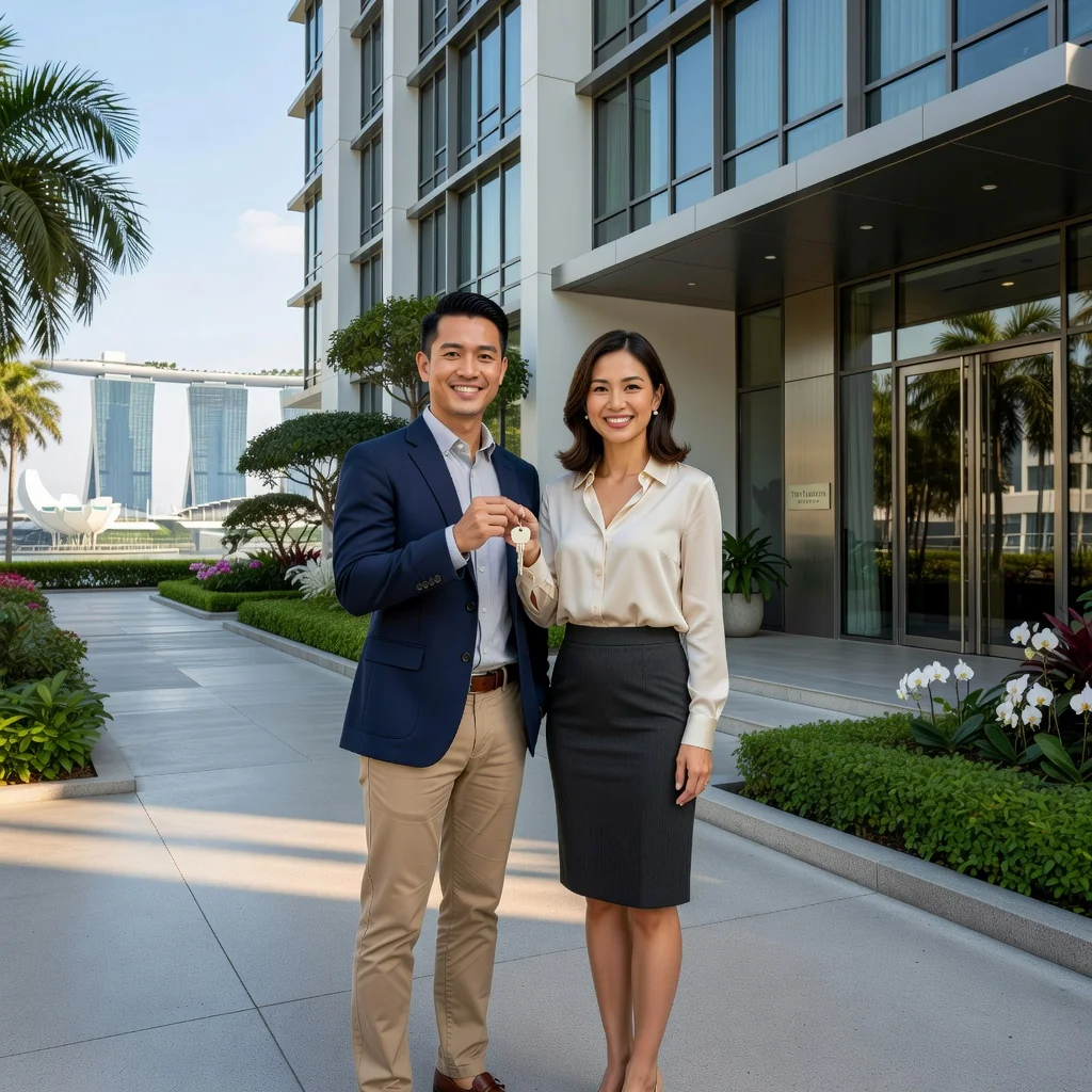 A photorealistic image of a professional adult couple in their 30s standing outside a modern Singapore condominium building, smiling confidently as they hold house keys, symbolizing the successful registration of a mortgage deed and home ownership in Singapore. The background includes subtle Singapore skyline elements like the Marina Bay Sands in the distance, under a clear blue sky. No children are present in the image.