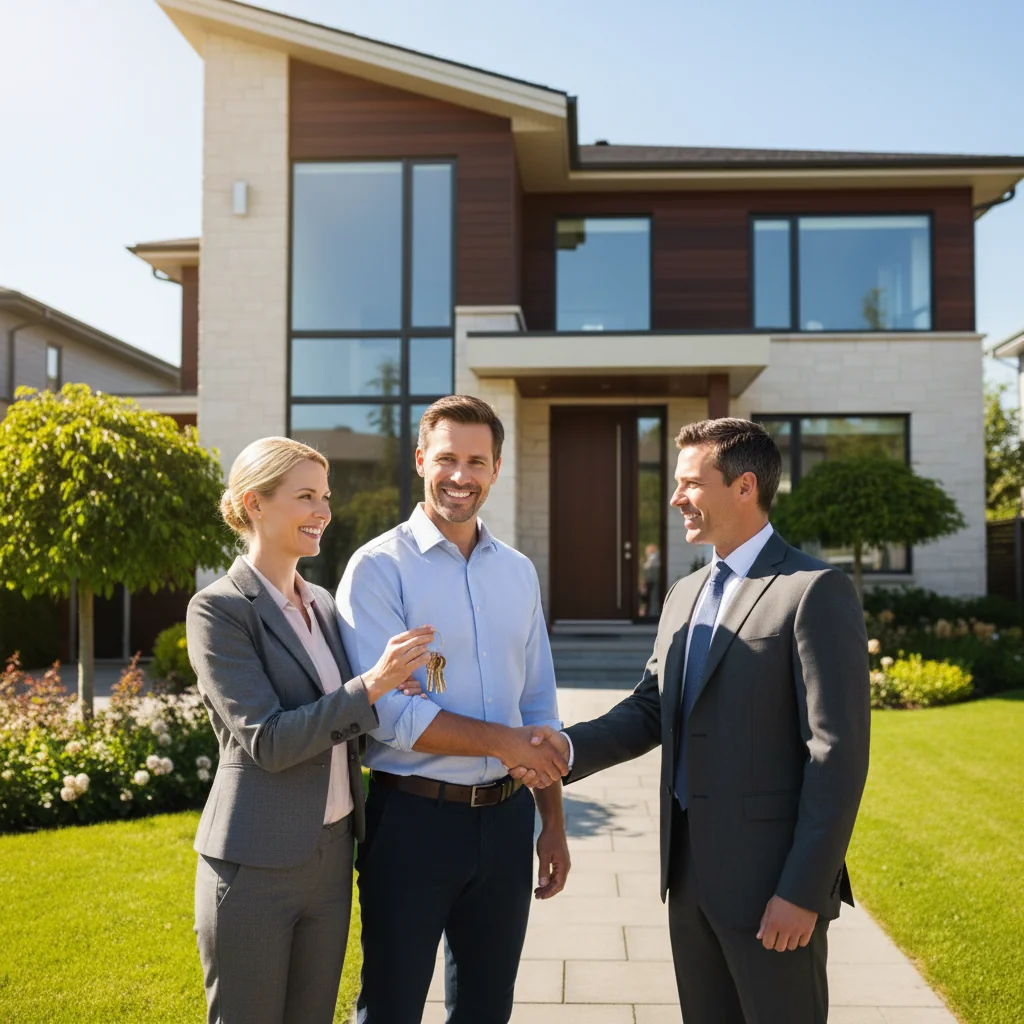 A photorealistic image of a smiling adult couple in their 30s standing outside a modern suburban home, holding keys to their new house, with a real estate agent shaking hands with them in the background, symbolizing the excitement of home ownership and mortgage approval. The scene is set on a sunny day with green lawn and the house in view, conveying security and achievement in buying a home.