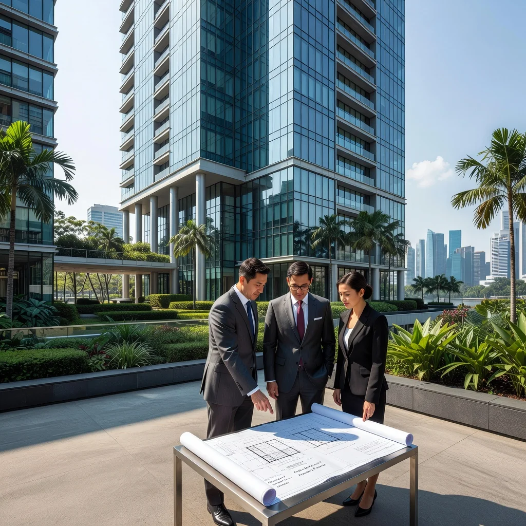 A photorealistic image of a modern Singaporean condominium building exterior with a diverse group of adult professionals standing in front, discussing property investment over architectural blueprints, symbolizing the security and differences in mortgage-related documents without showing any legal papers.