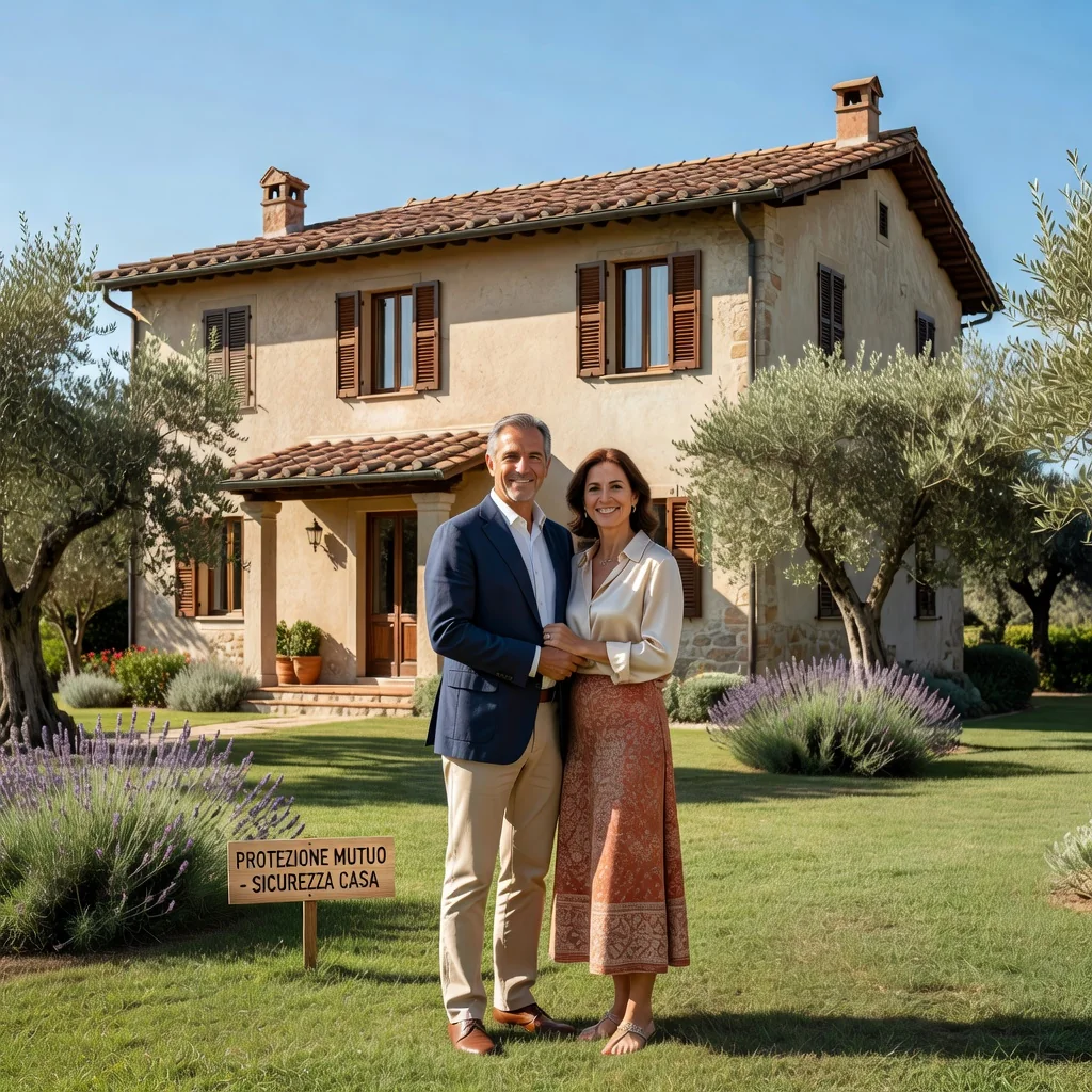 A photorealistic image symbolizing home ownership and financial security in Italy, featuring a middle-aged Italian couple standing proudly in front of their modern suburban home on a sunny day, with the Italian flag subtly in the background, evoking stability and protection of property assets.
