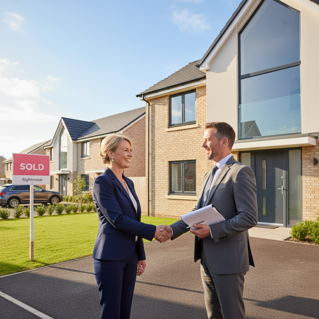 A photorealistic image of a professional couple in their 30s standing outside a modern UK suburban home, shaking hands with a real estate agent, symbolizing the completion of a mortgage agreement and home ownership.