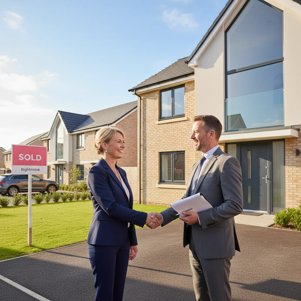 A photorealistic image of a professional couple in their 30s standing outside a modern UK suburban home, shaking hands with a real estate agent, symbolizing the completion of a mortgage agreement and home ownership.