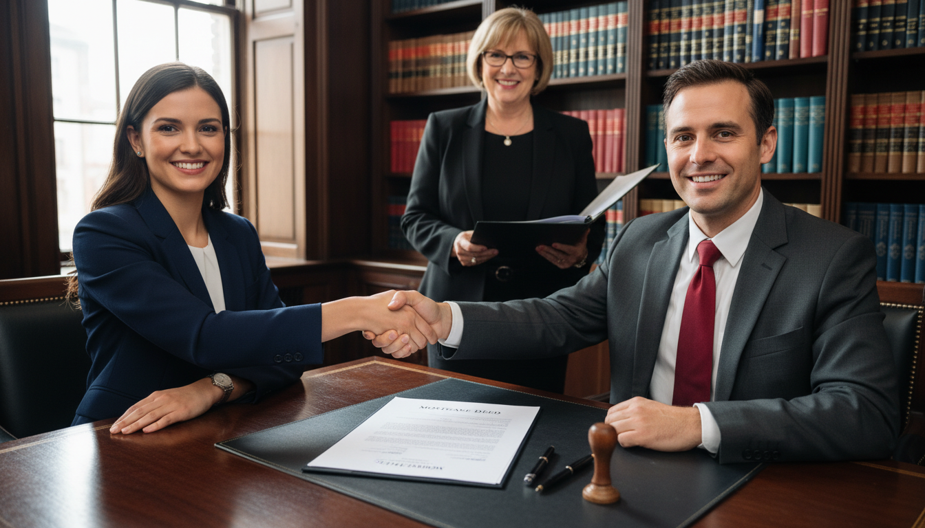 Signing mortgage deed at lawyer's office