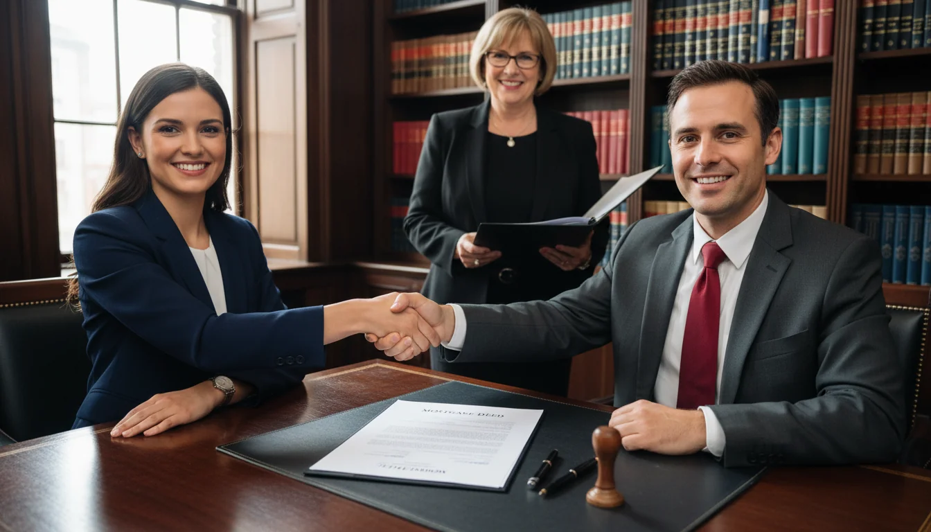Signing mortgage deed at lawyer's office