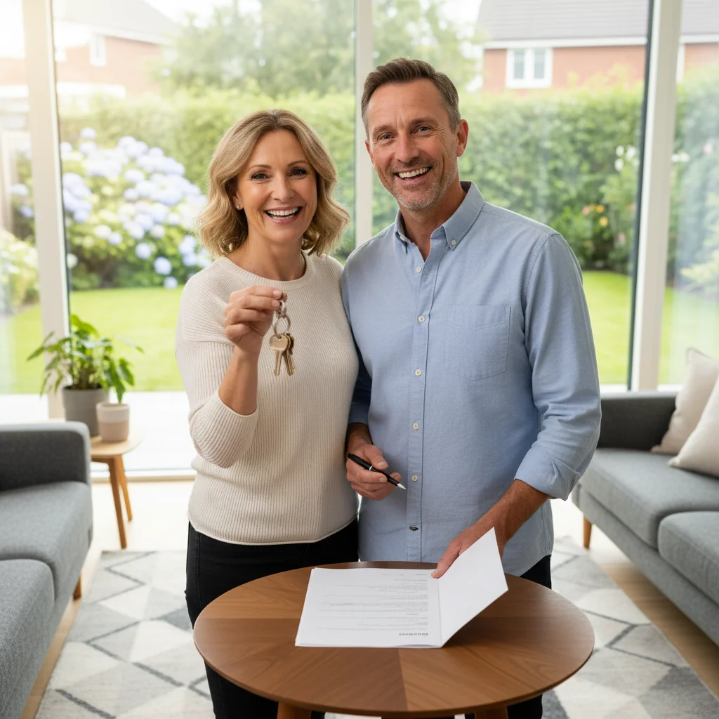 A photorealistic image of a middle-aged couple in a modern UK home, standing by a window overlooking a suburban garden, holding a set of house keys with relieved expressions, symbolizing successful homeownership and avoiding mortgage pitfalls, no children present.