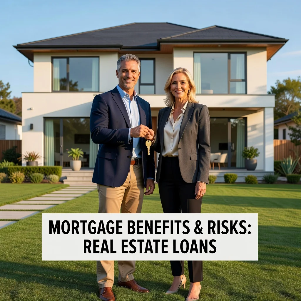 A photorealistic image depicting a mature adult couple in their 30s or 40s standing in front of a modern suburban home, smiling confidently while holding a set of house keys, symbolizing the benefits and risks of mortgage writing in real estate loans. The scene conveys a sense of achievement and cautious optimism about homeownership, with the house in the background showing both welcoming warmth and subtle hints of financial consideration like a for-sale sign or mortgage calculator on a nearby table. No children are present in the image.