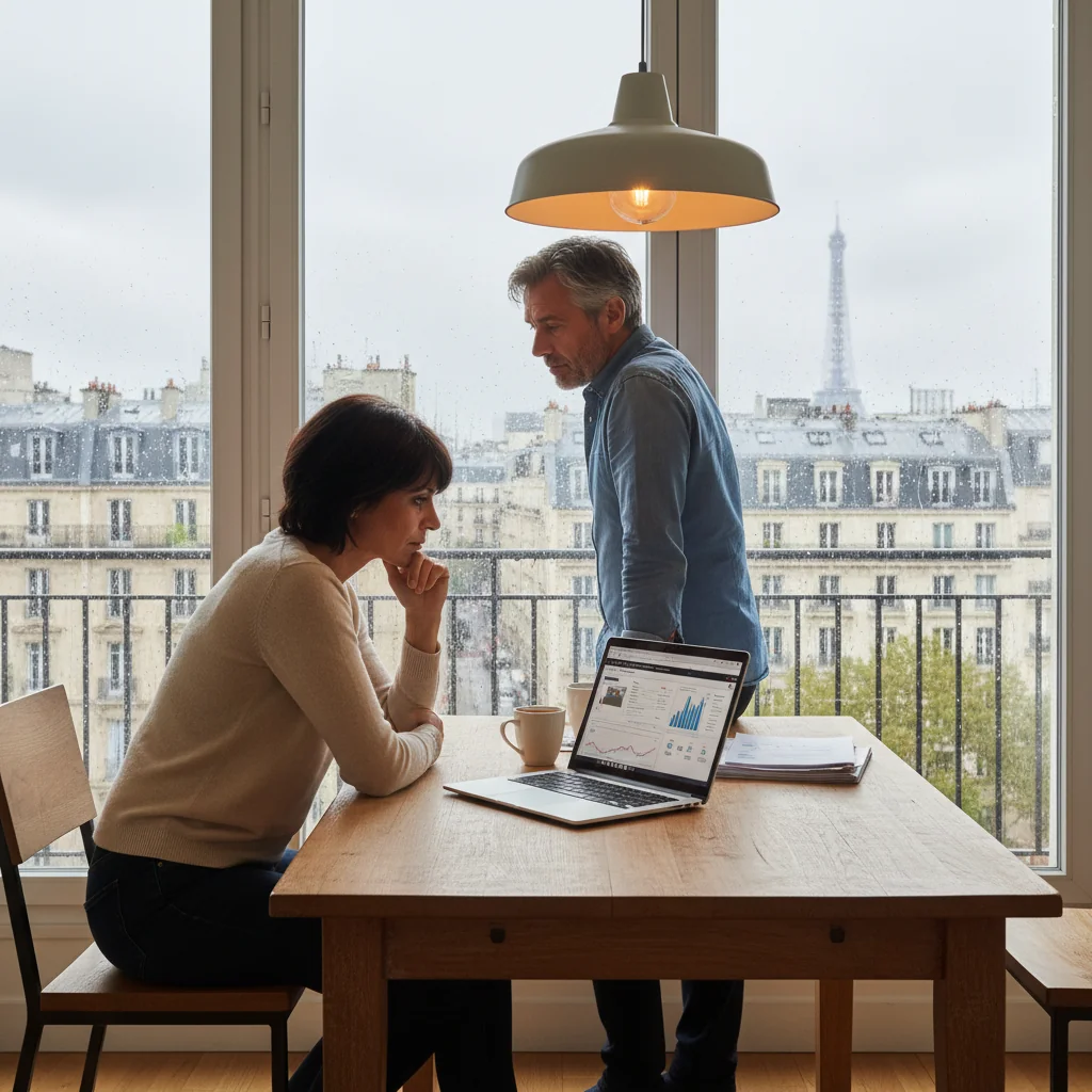A photorealistic image symbolizing the benefits and risks of a mortgage loan in French law, featuring a middle-aged French couple in a modern home, one person looking thoughtfully at a laptop with financial charts, the other gazing out a window at a rainy urban street, evoking security and uncertainty, no children present.