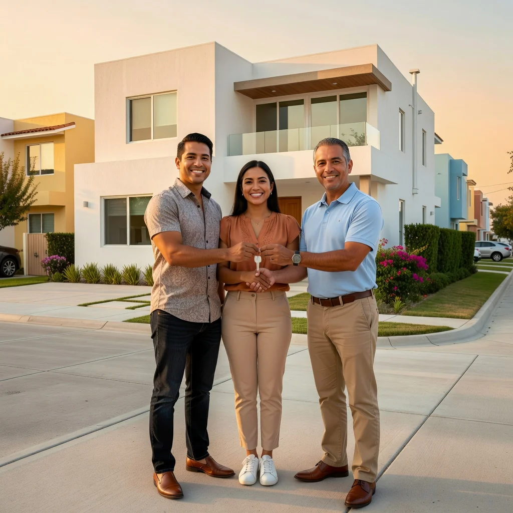 A photorealistic image of a young Mexican couple in their mid-30s, standing happily in front of their new suburban home in Mexico, holding keys to the front door, with a real estate agent smiling nearby, symbolizing the achievement of homeownership through a mortgage.