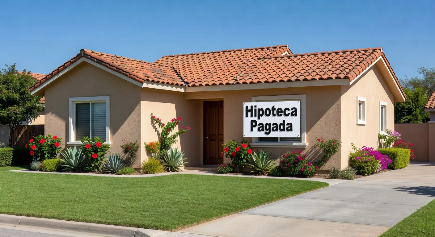 Mexican family home with mortgage sign.