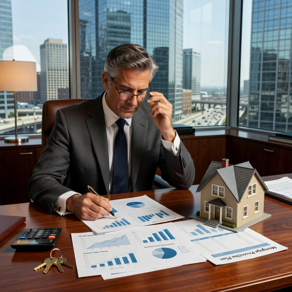 A photorealistic image depicting a professional adult in a modern office setting, carefully reviewing mortgage-related financial documents on a desk with architectural blueprints and a model house nearby, symbolizing the security of property lending without showing any actual legal papers.