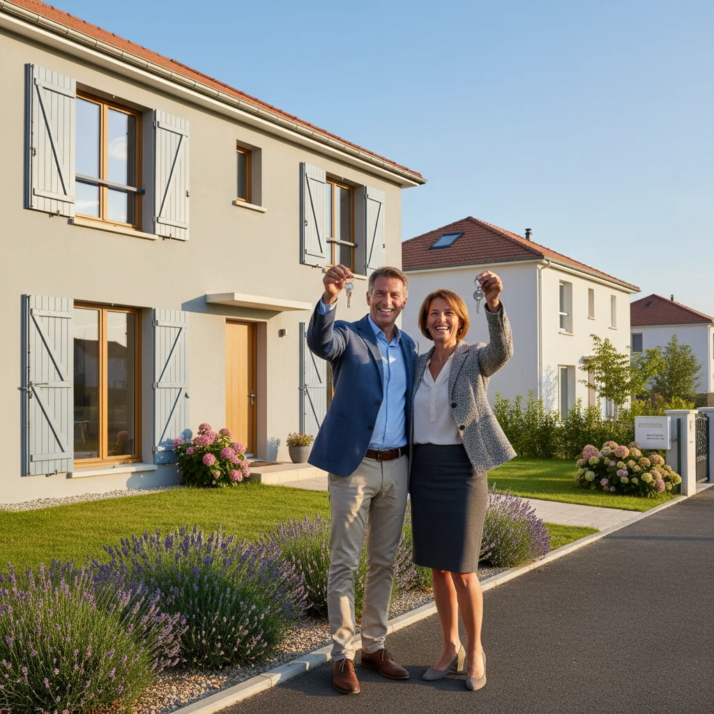 A photorealistic image of a middle-aged French couple standing in front of their newly purchased modern suburban home in France, smiling happily as they hold keys to the front door, with a scenic view of a quiet neighborhood in the background, symbolizing the achievement of homeownership through a mortgage loan. No children are present in the image.
