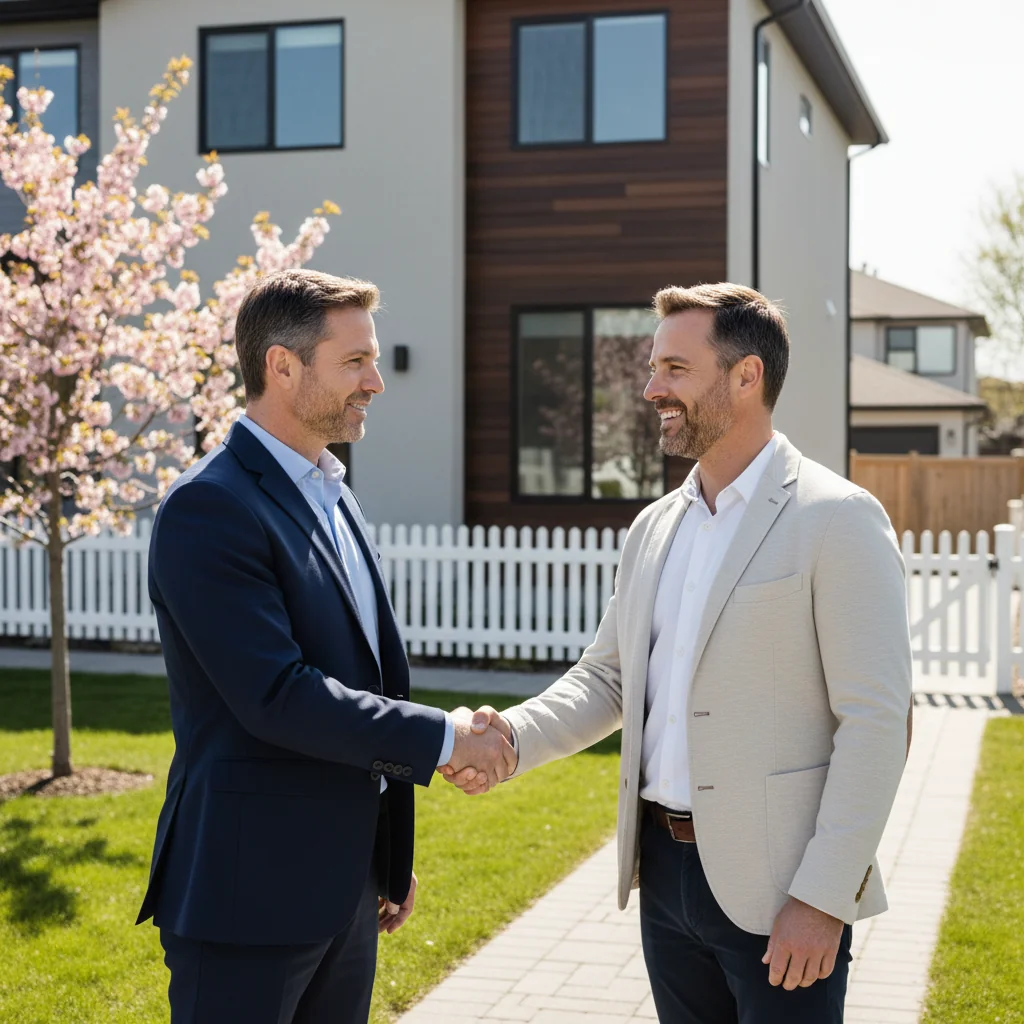 A photorealistic image representing the concept of an effective mortgage deed, showing a professional real estate agent shaking hands with a satisfied adult homeowner in front of a modern house, symbolizing secure property financing and agreement, with no legal documents visible, no children present.