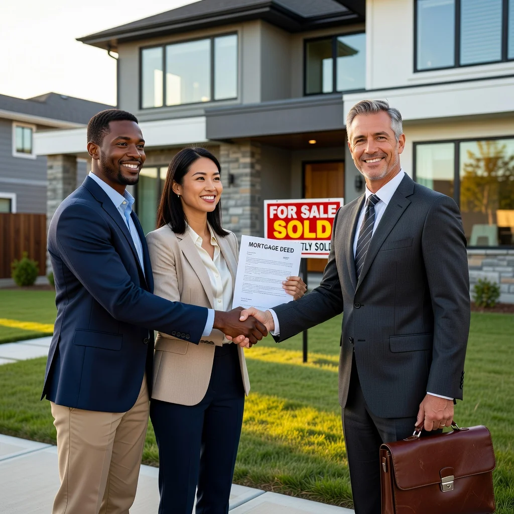 A photorealistic image of a professional couple in their 30s standing outside a modern suburban home, shaking hands with a real estate agent, symbolizing a successful property transaction secured by a mortgage deed, with a 'Sold' sign in the yard, conveying trust and achievement in real estate.