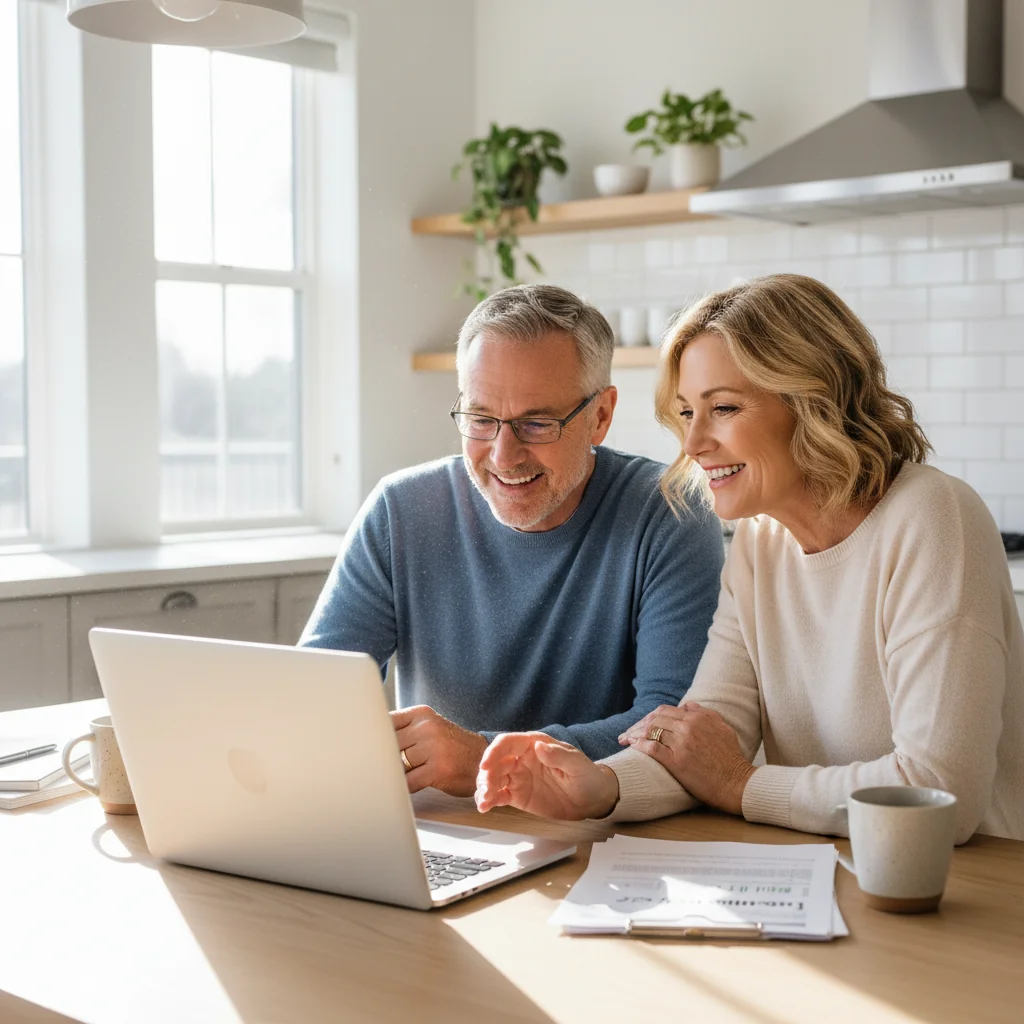 A photorealistic image of a middle-aged couple in a modern kitchen, happily reviewing mortgage loan papers on a laptop with a computer, symbolizing the process of securing a home loan. The scene conveys trust and financial planning, with warm lighting and no children present.