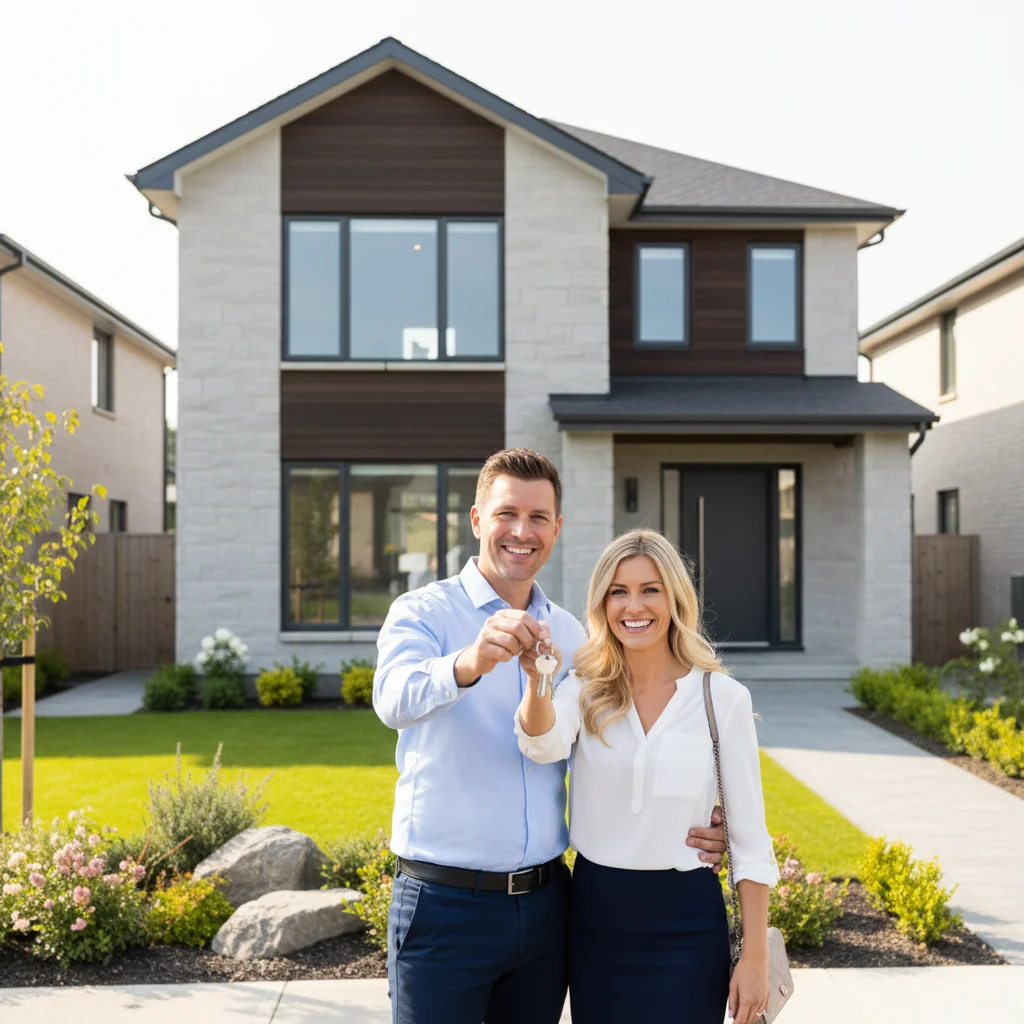A photorealistic image of a happy adult couple in their 30s standing outside a modern family home, holding keys to their new property, symbolizing homeownership and mortgage achievement, with the house in the background under a clear blue sky.