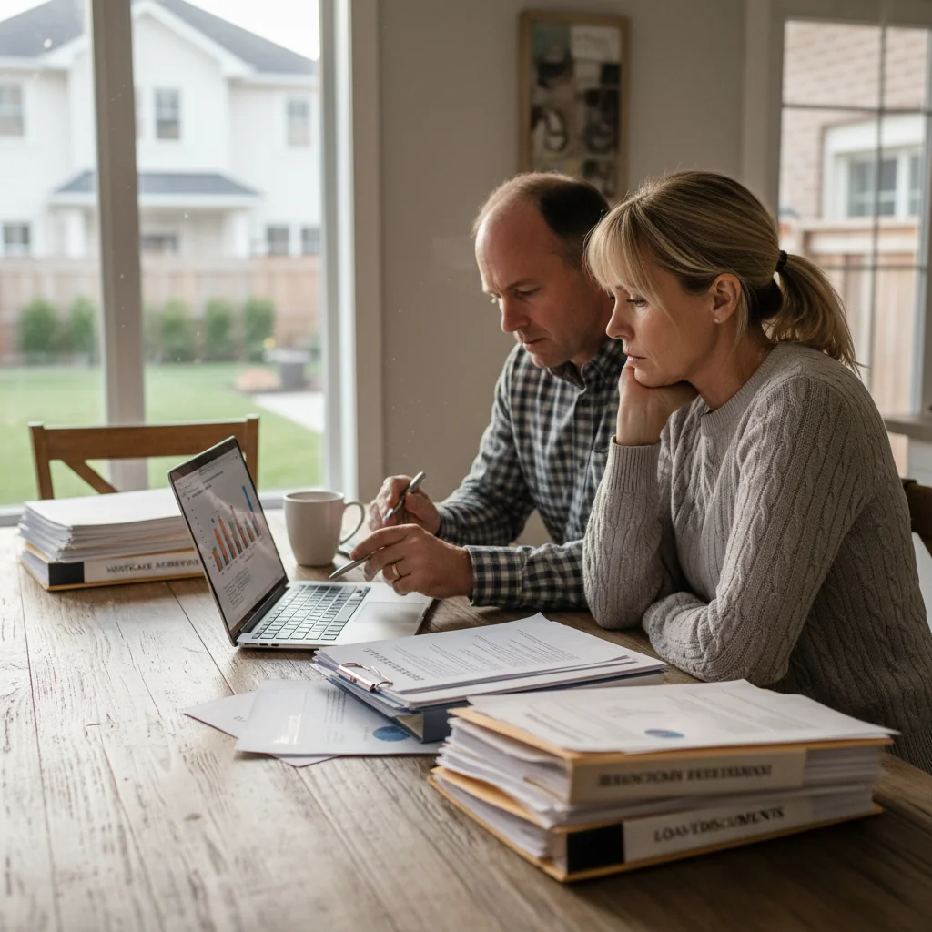 A photorealistic image of a middle-aged adult couple sitting at a kitchen table in a modern American home, reviewing mortgage paperwork together with concerned expressions, symbolizing the careful handling of home financing to avoid mistakes, with a subtle view of their house through the window in the background.