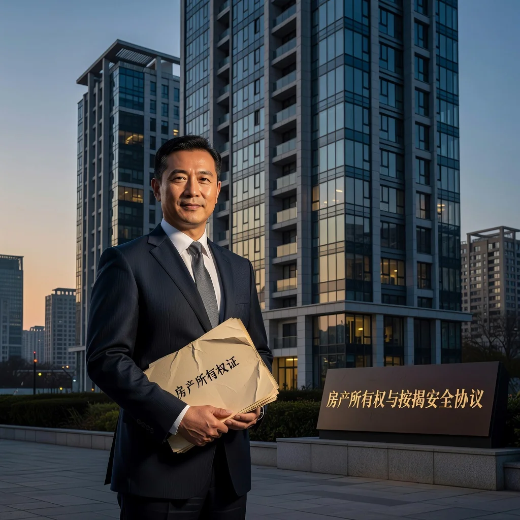 A photorealistic image representing the concept of property ownership and mortgage agreements in a Chinese context, showing a middle-aged Chinese adult standing confidently in front of a modern urban apartment building in a bustling city like Shanghai, symbolizing secure home financing and legal property rights, with no children present.